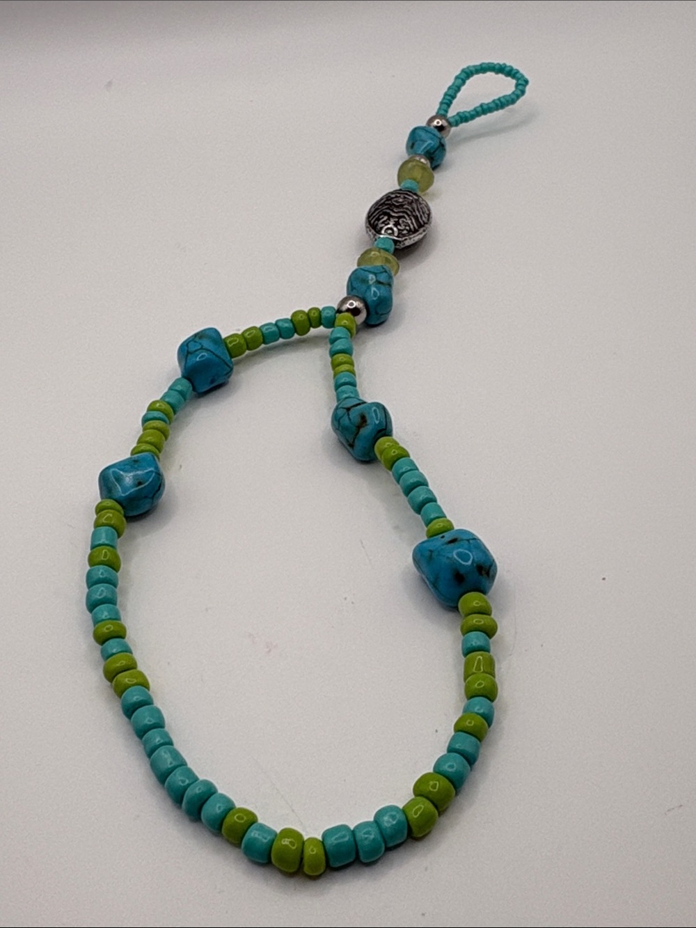 Turquoise and Lime Beaded Ankle & Toe Bracelet with Silver Accent